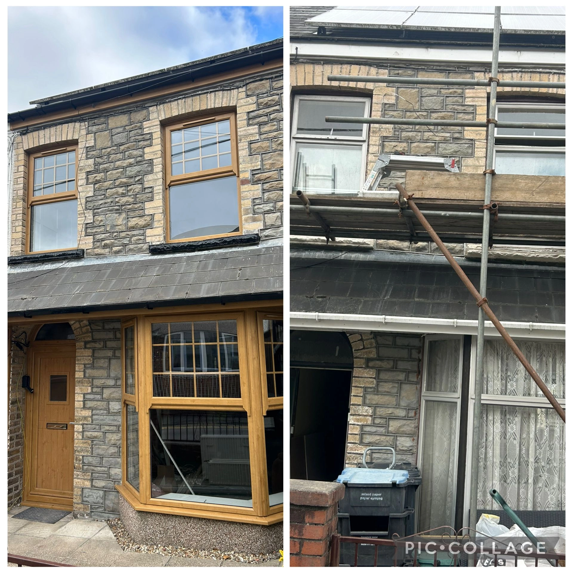 Irish Oak composite entrance door with matching Irish Oak bay window installed by Mac uPVC
